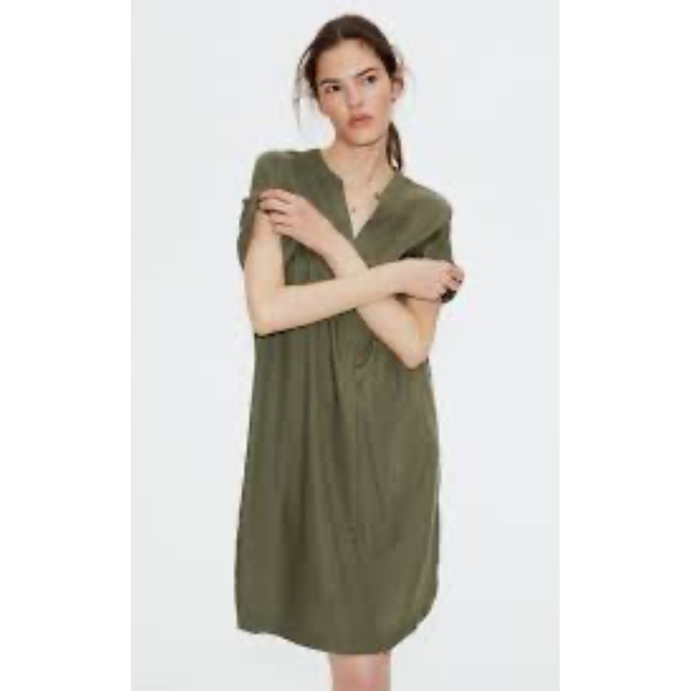 HM Olive Green Shift Dress Short Sleeve Split V-Neck Relaxed Fit Medium